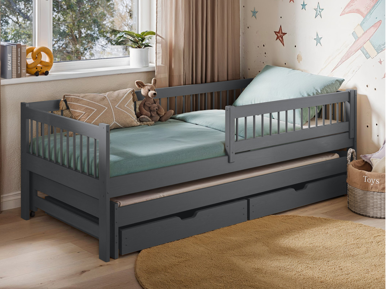 Dvigulė vaikiška lova su stalčiais SOFTI 90x200 Dvigulė vaikiška lova su stalčiais SOFTI 90x200