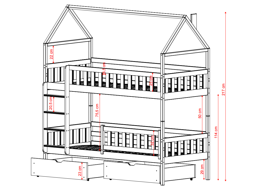Dviaukštė vaikiška lova su stalčiais GAJA 80x180 6