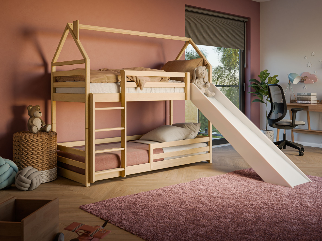 Dviaukštė vaikiška lova su čiuožykla PLAY 80x180 Dviaukštė vaikiška lova su čiuožykla PLAY 80x180