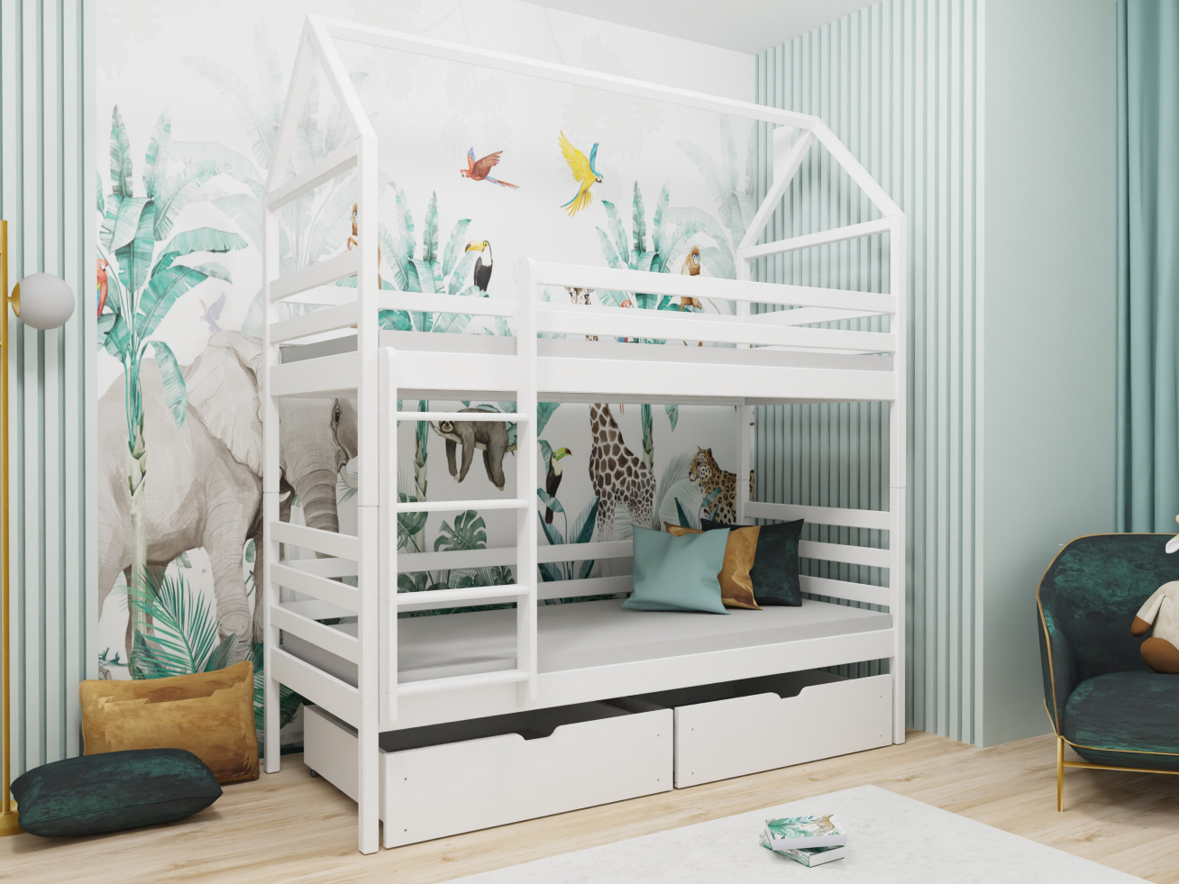 Dviaukštė vaikiška lova su stalčiais ALEX 90x200