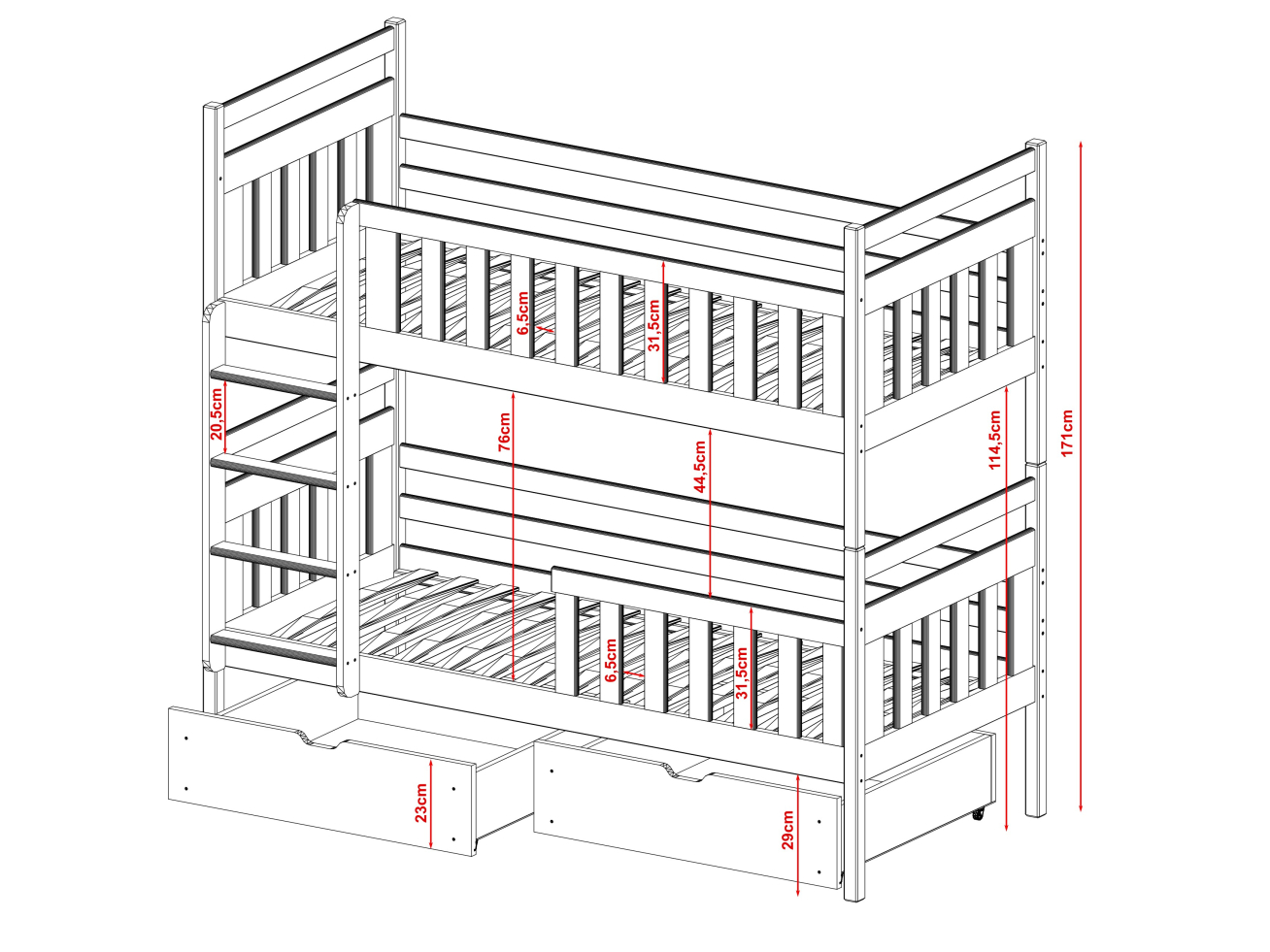 Dviaukštė vaikiška lova su stalčiais MONIKA 90x200 9 Dviaukštė vaikiška lova su stalčiais MONIKA 90x200 9