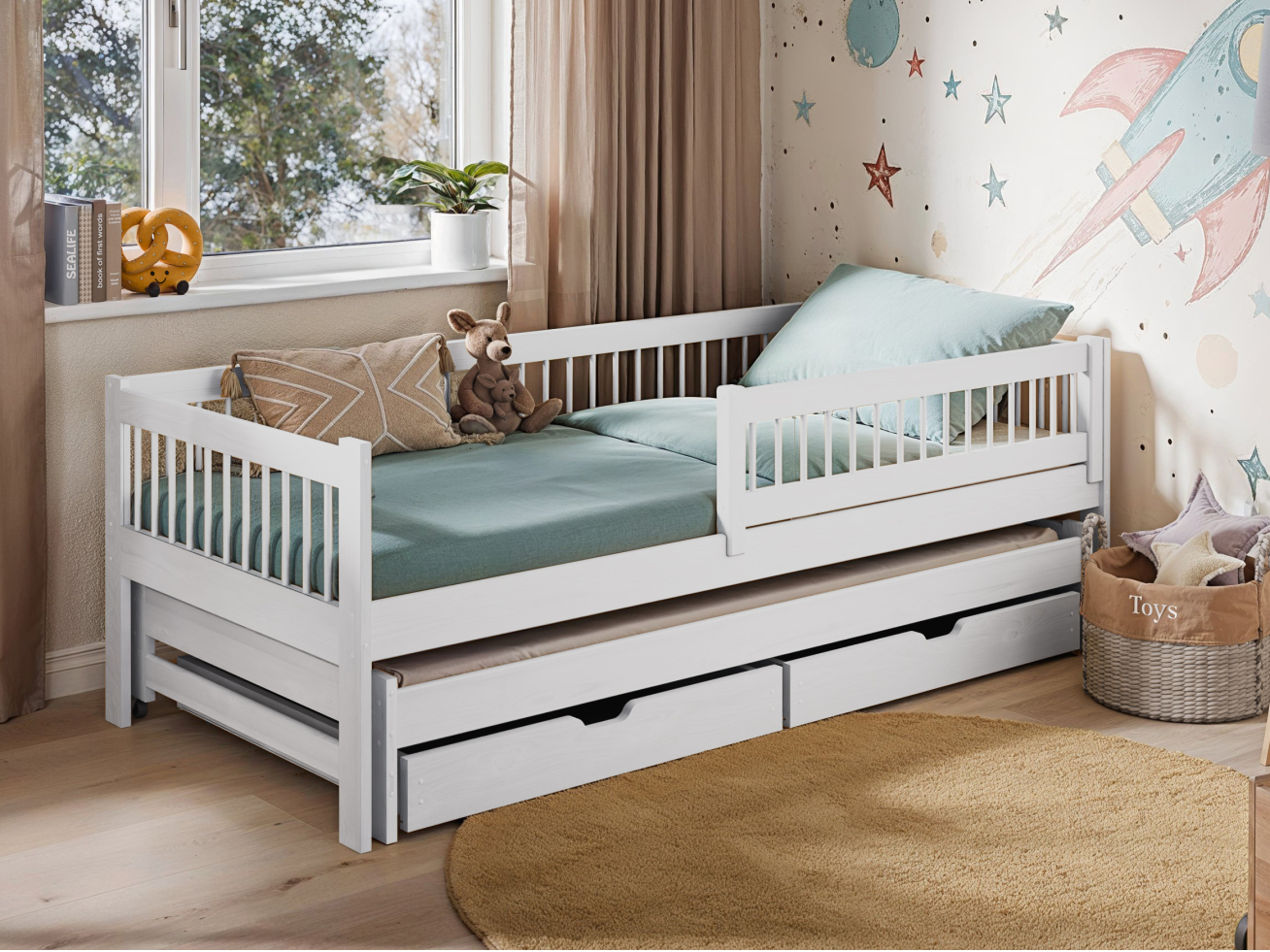 Dvigulė vaikiška lova su stalčiais SOFTI 80x160