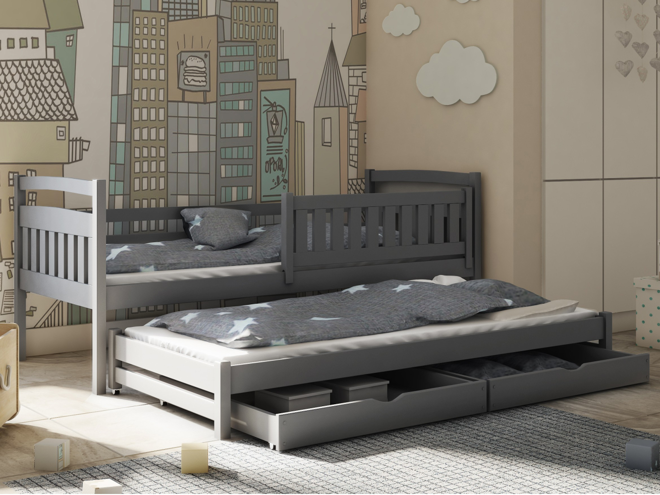 Dvigulė vaikiška lova su stalčiais GALAXY 80x160