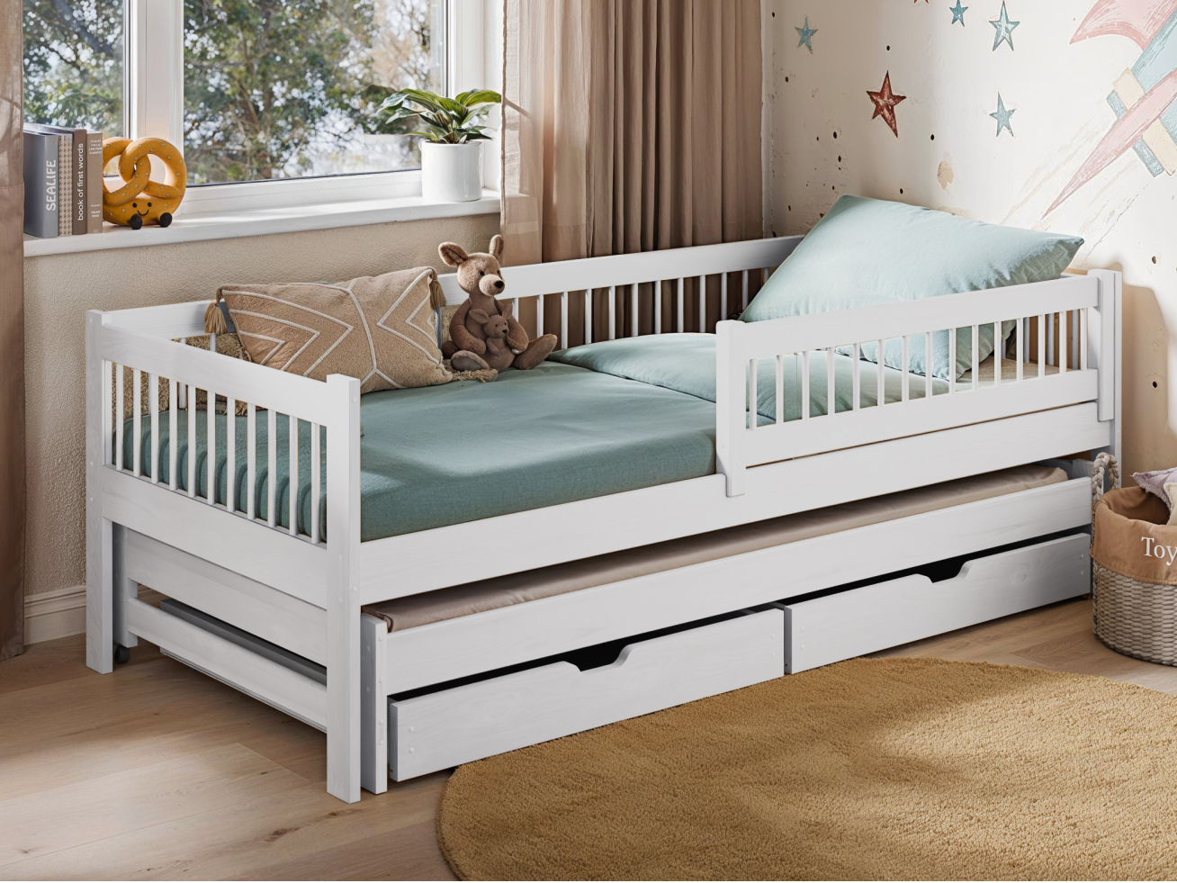 Dvigulė vaikiška lova su stalčiais SOFTI 80x180 1 Dvigulė vaikiška lova su stalčiais SOFTI 80x180 1