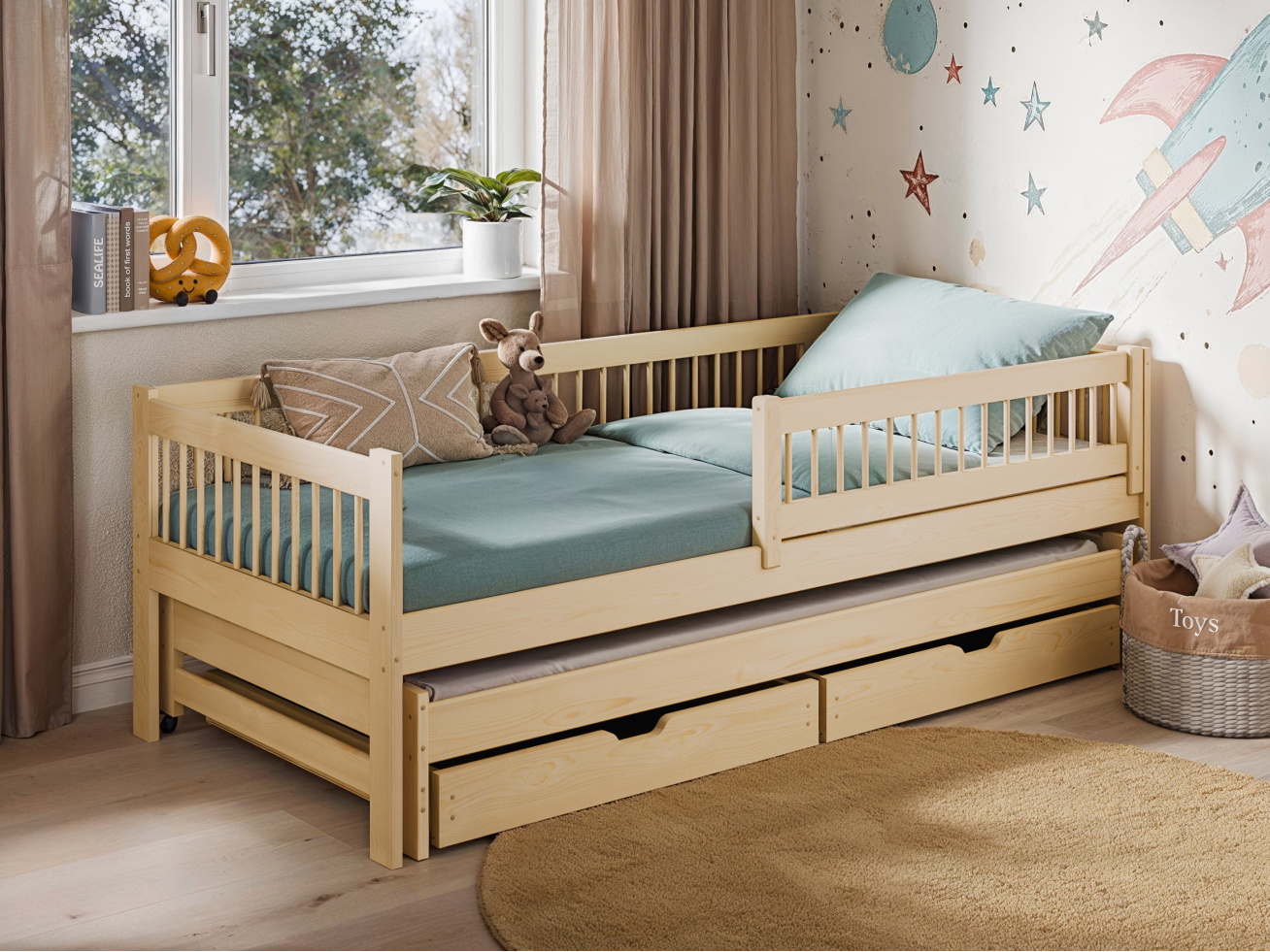 Dvigulė vaikiška lova su stalčiais SOFTI 80x180 3 Dvigulė vaikiška lova su stalčiais SOFTI 80x180 3