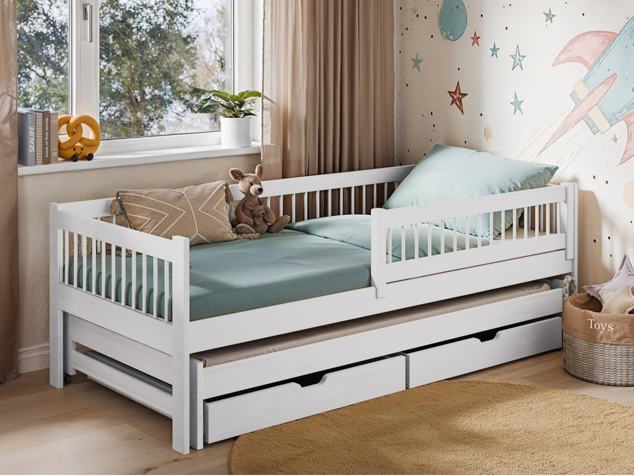 Dvigulė vaikiška lova su stalčiais SOFTI 80x200 Dvigulė vaikiška lova su stalčiais SOFTI 80x200