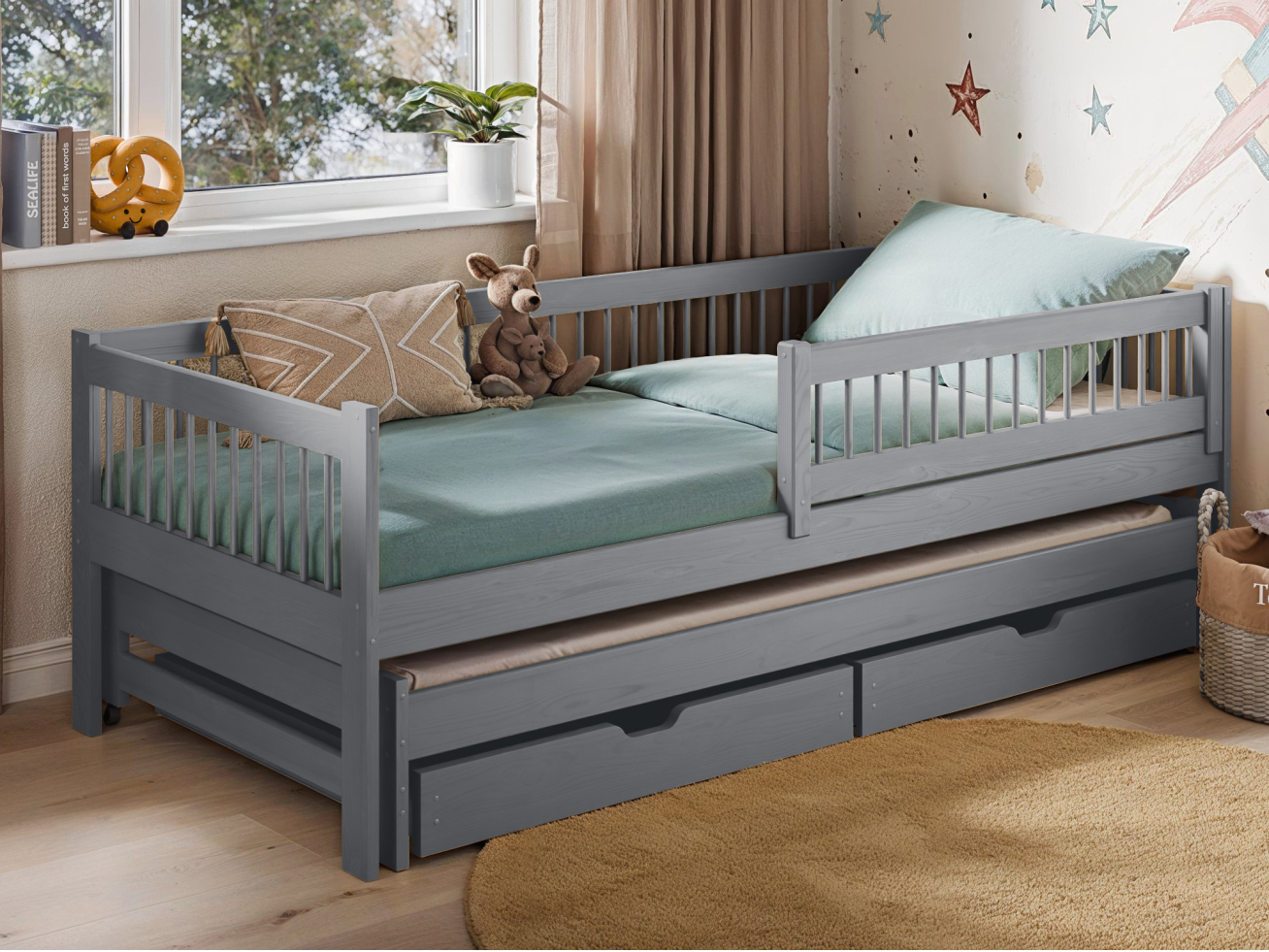 Dvigulė vaikiška lova su stalčiais SOFTI 80x200 3 Dvigulė vaikiška lova su stalčiais SOFTI 80x200 3