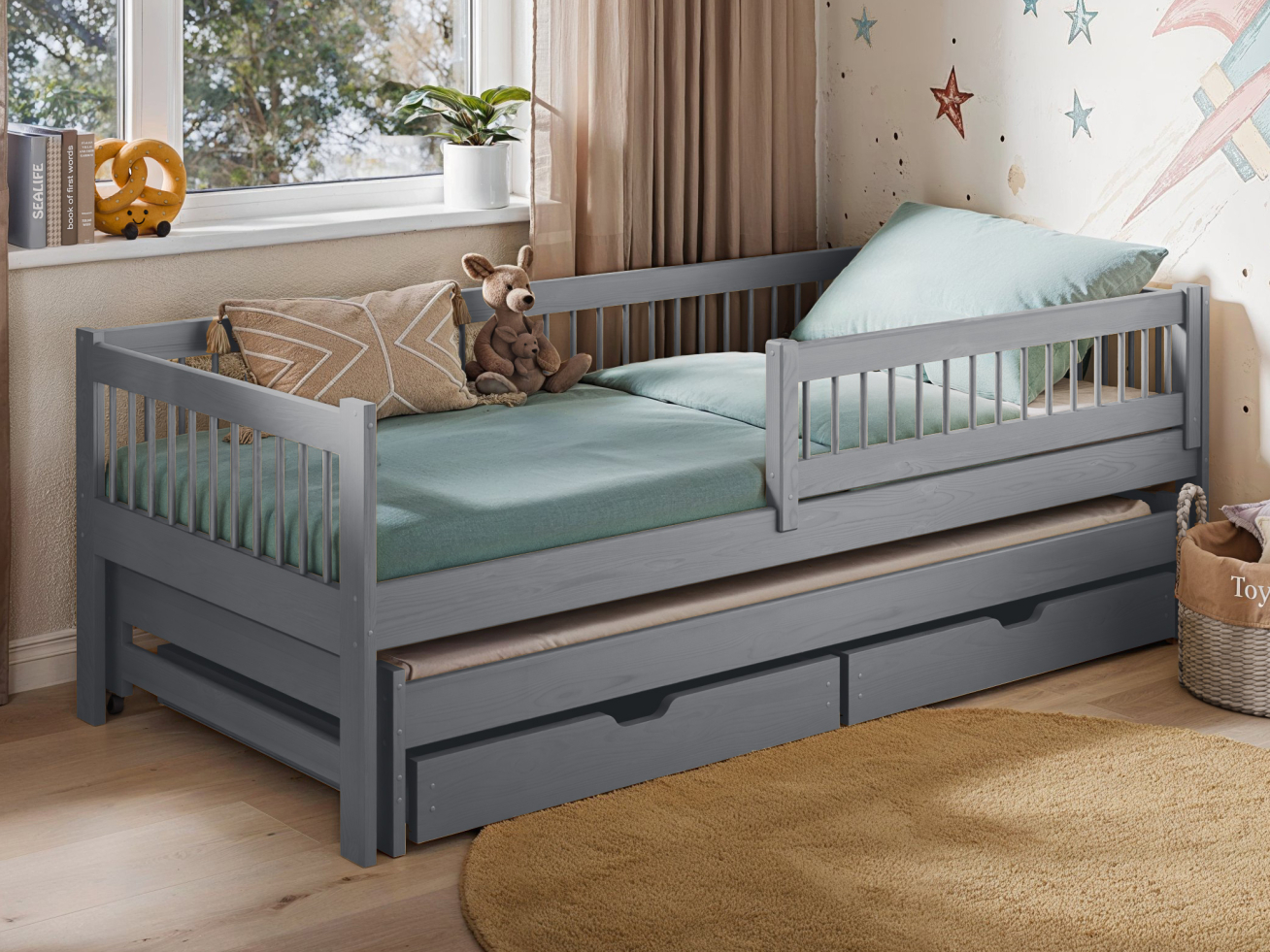 Dvigulė vaikiška lova su stalčiais SOFTI 90x190 3 Dvigulė vaikiška lova su stalčiais SOFTI 90x190 3