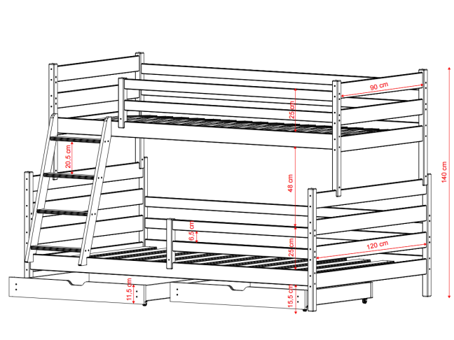Dviaukštė vaikiška lova su stalčiais FAMI 90x200/120x200 1