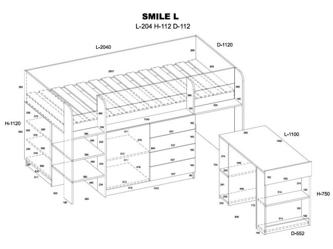 Lova su stalčiais ir rašomuoju stalu SMILE 6 Lova su stalčiais ir rašomuoju stalu SMILE 6