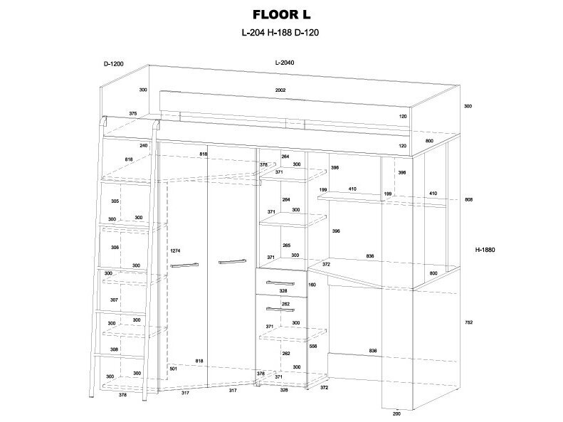 Lova su spinta ir rašomuoju stalu FLOOR 3 Lova su spinta ir rašomuoju stalu FLOOR 3