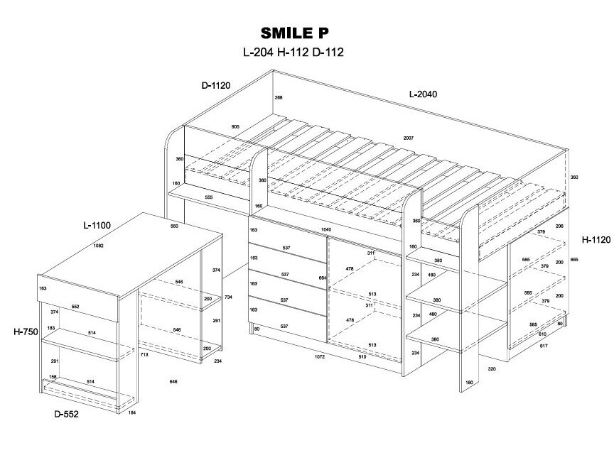 Lova su stalčiais ir rašomuoju stalu SMILE 5