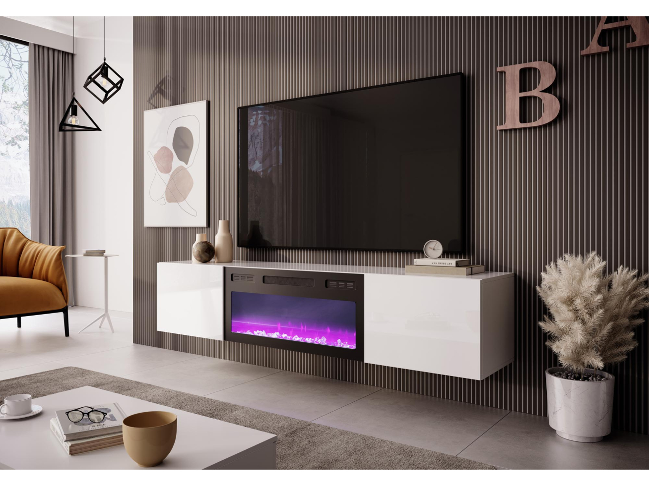 Pakabinamas TV Staliukas LIVO RTV-180W-K su elektriniu židiniu Pakabinamas TV Staliukas LIVO RTV-180W-K su elektriniu židiniu