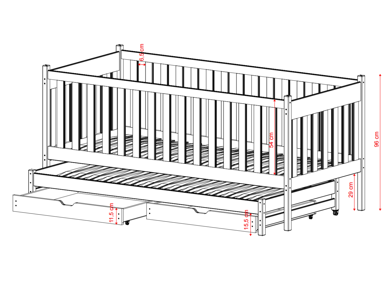 Dvigulė vaikiška lova su stalčiais KAJA 90x200 23