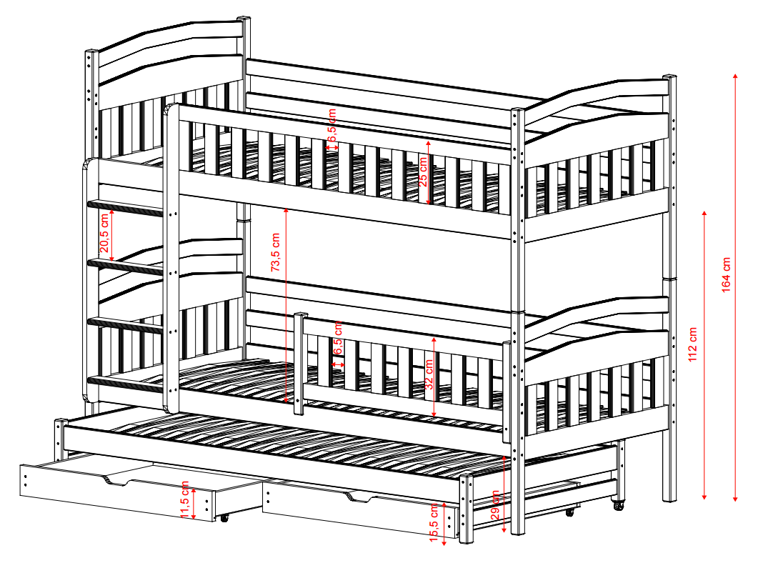 Trivietė vaikiška lova su stalčiais BLANKA 90x200 10 Trivietė vaikiška lova su stalčiais BLANKA 90x200 10