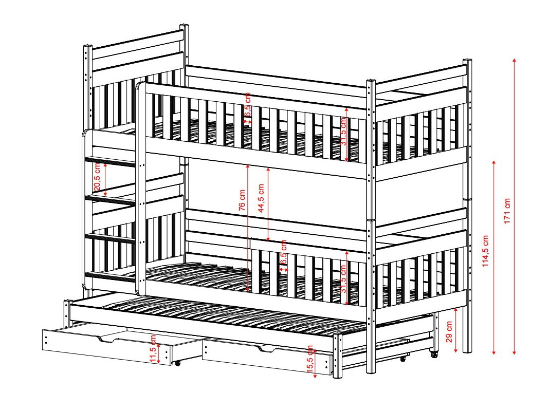 Trivietė vaikiška lova su stalčiais KLARA 80x200 6 Trivietė vaikiška lova su stalčiais KLARA 80x200 6