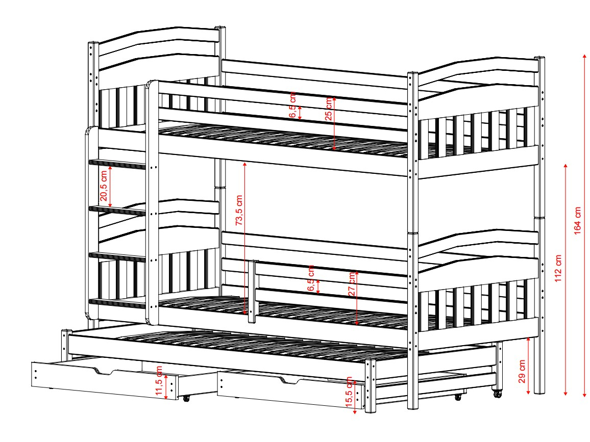 Trivietė vaikiška lova su stalčiais ALAN 80x160 5