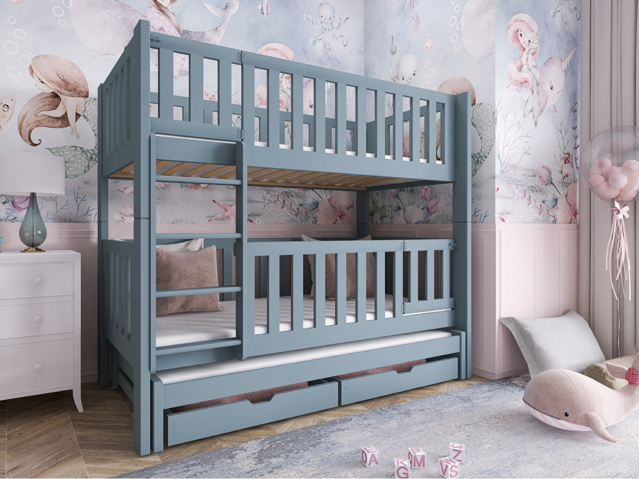 Trivietė vaikiška lova su stalčiais AGATHA 80x180 Trivietė vaikiška lova su stalčiais AGATHA 80x180