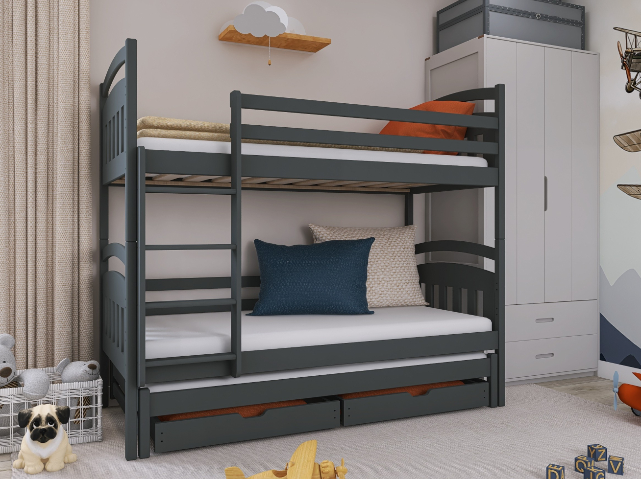 Trivietė vaikiška lova su stalčiais ALAN 80x180 2 Trivietė vaikiška lova su stalčiais ALAN 80x180 2