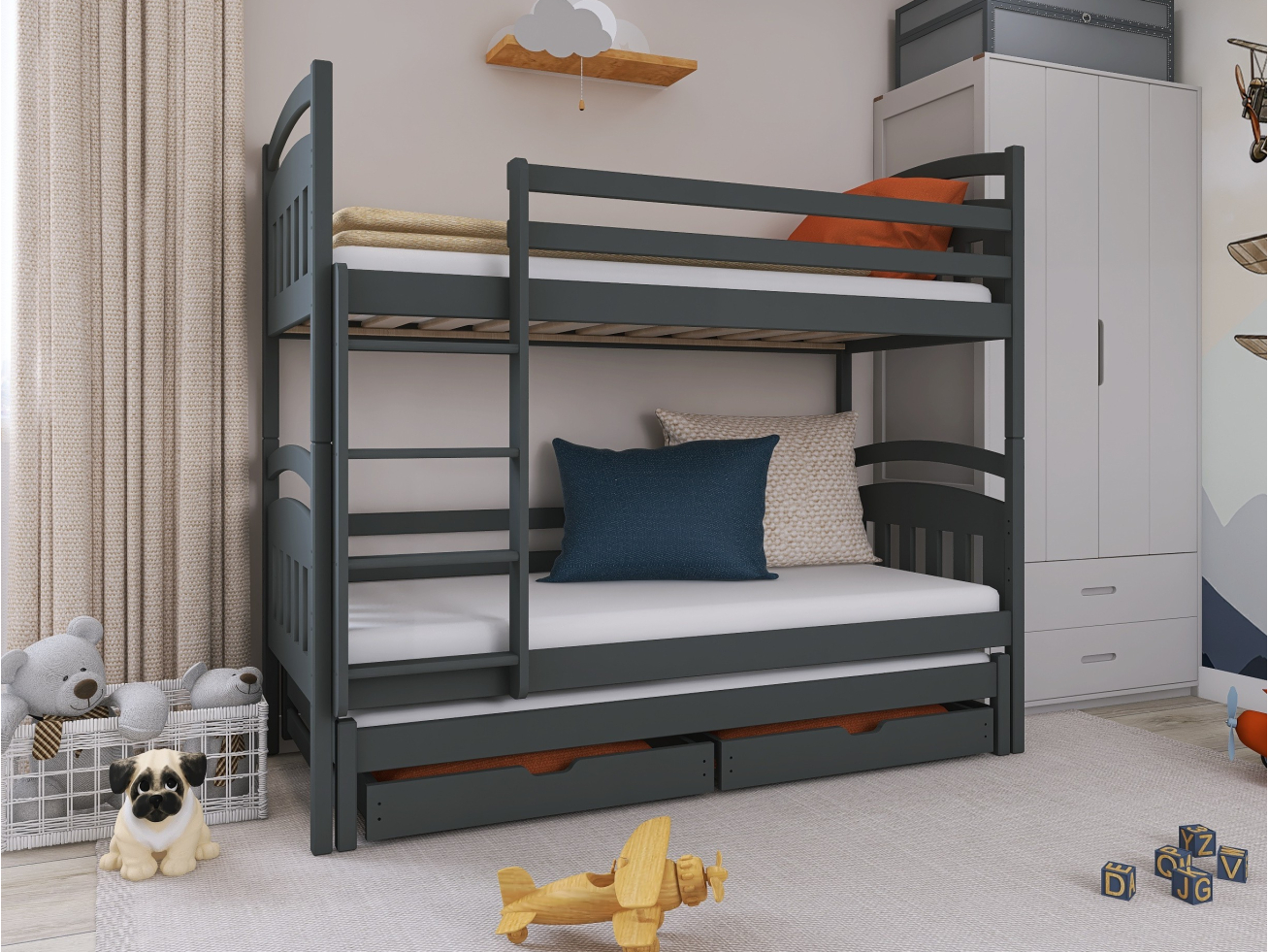 Trivietė vaikiška lova su stalčiais ALAN 80x200 1