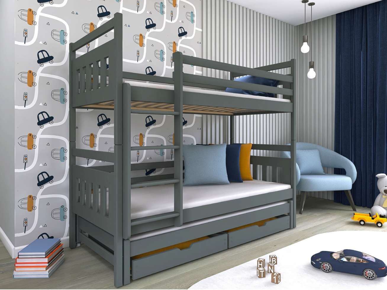 Trivietė vaikiška lova su stalčiais SEWERYN 80x200 2