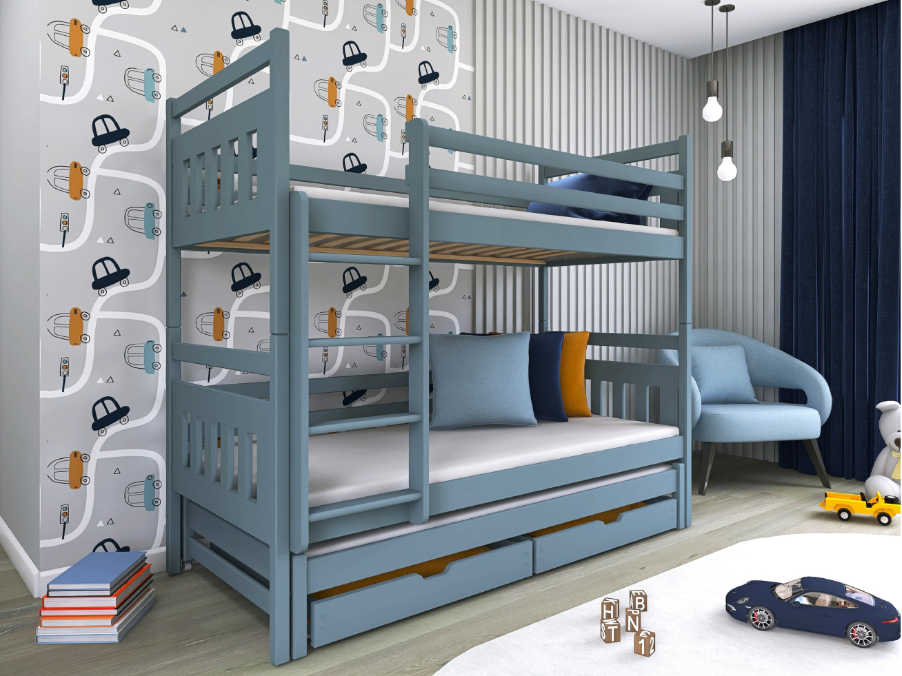 Trivietė vaikiška lova su stalčiais SEWERYN 90x200 2