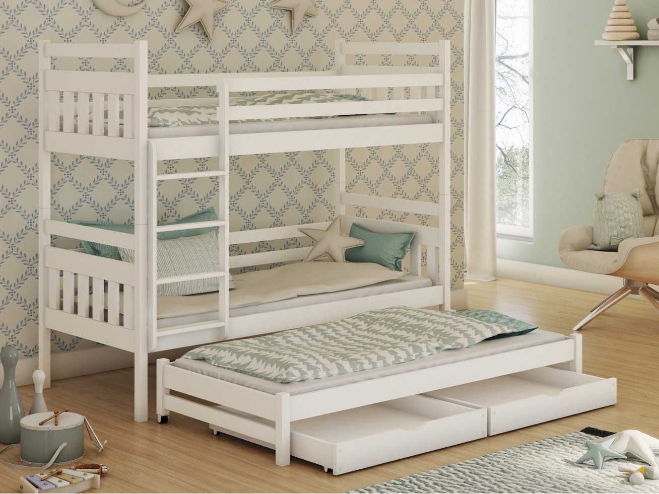 Trivietė vaikiška lova su stalčiais SEWERYN 90x200 Trivietė vaikiška lova su stalčiais SEWERYN 90x200