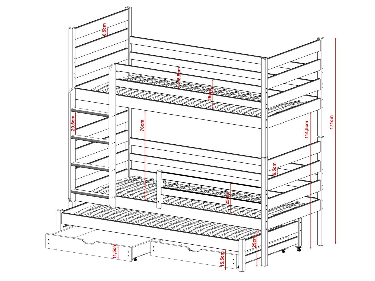 Trivietė vaikiška lova su stalčiais TOMI 90x190 2