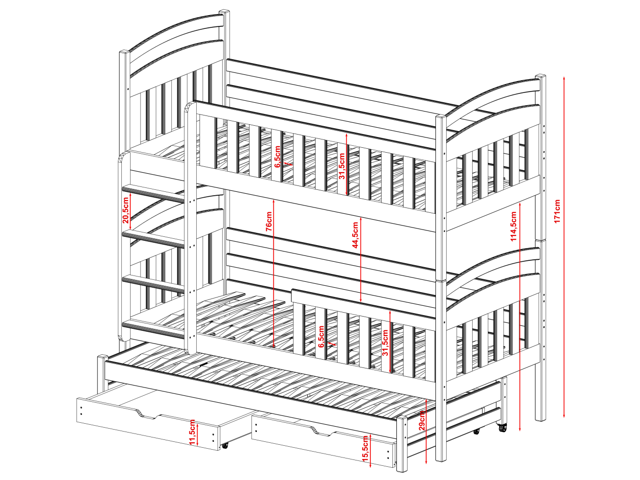 Trivietė vaikiška lova su stalčiais VIKI 80x200 3