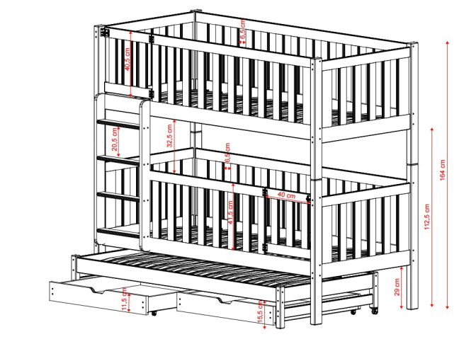 Trivietė vaikiška lova su stalčiais AGATHA 80x180 5