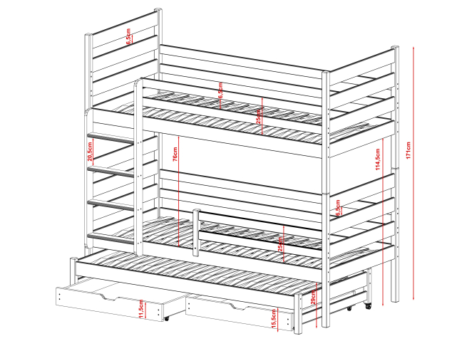 Trivietė vaikiška lova su stalčiais TOMI 80x160 2