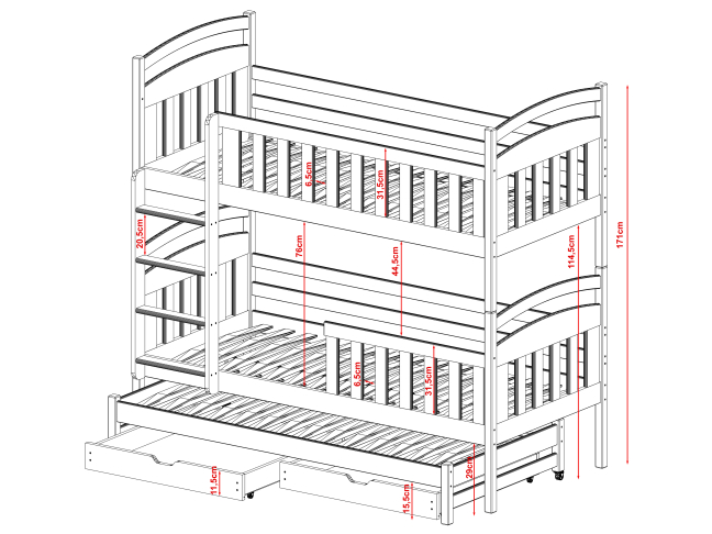 Trivietė vaikiška lova su stalčiais VIKI 80x200 3
