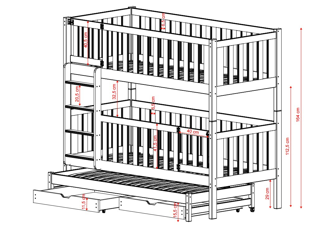 Trivietė vaikiška lova su stalčiais AGATHA 80x180 5 Trivietė vaikiška lova su stalčiais AGATHA 80x180 5